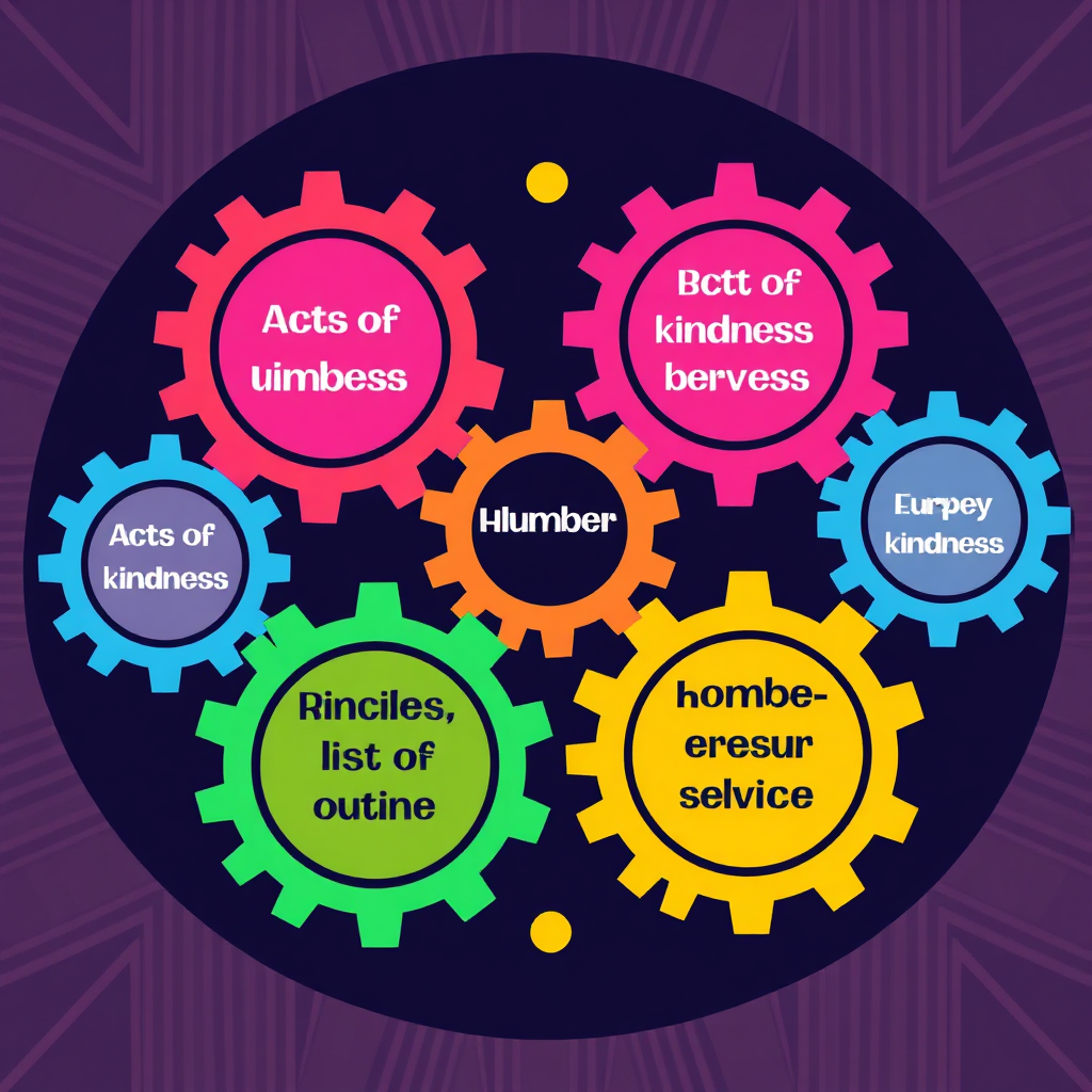 A stylized image of interconnected gears, each representing different acts of kindness and service. The gears are moving in harmony, symbolizing collective action. Bright colors and geometric patterns create a sense of energy and dynamism. Style: A modern, abstract representation of collaboration. Technical specs: 4K resolution, high quality, vector graphics style.