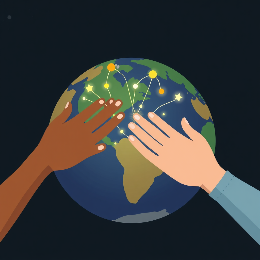 A stylized image of two hands reaching out to each other across a globe, each hand representing a different culture. The hands are connected by lines of light, symbolizing the exchange of ideas and creativity. The background is a dark, abstract space. The color palette is warm and inviting, with a focus on unity and diversity. Style: Global, collaborative, inclusive. Resolution: 4K.