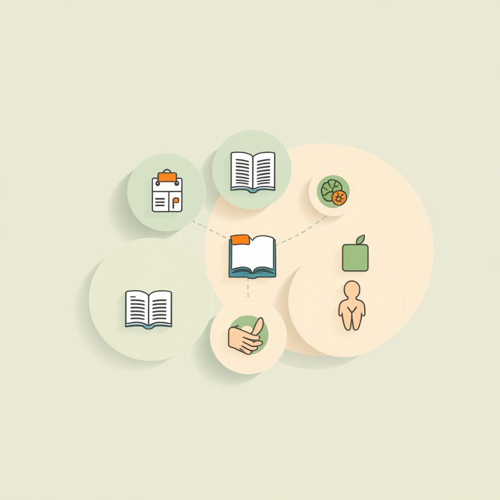 A stylized image representing the core values of Education of Health: natural, healthy, and comfortable learning. The composition should feature interconnected circles symbolizing collaboration and knowledge sharing. Within the circles, icons representing various aspects of health education (medical books, healthy food, human anatomy, digital learning) can be subtly placed. The color palette should be soft and muted, using pastel shades of green, blue, and beige to evoke a sense of calm and trust. Lighting should be even and gentle, creating a welcoming atmosphere. The image should have a clean and minimalist aesthetic, with a focus on simplicity and clarity. The overall style should be modern and approachable, reflecting the platform's commitment to accessible and reliable information. Technical Specs: 4K resolution, high-quality vector graphics.