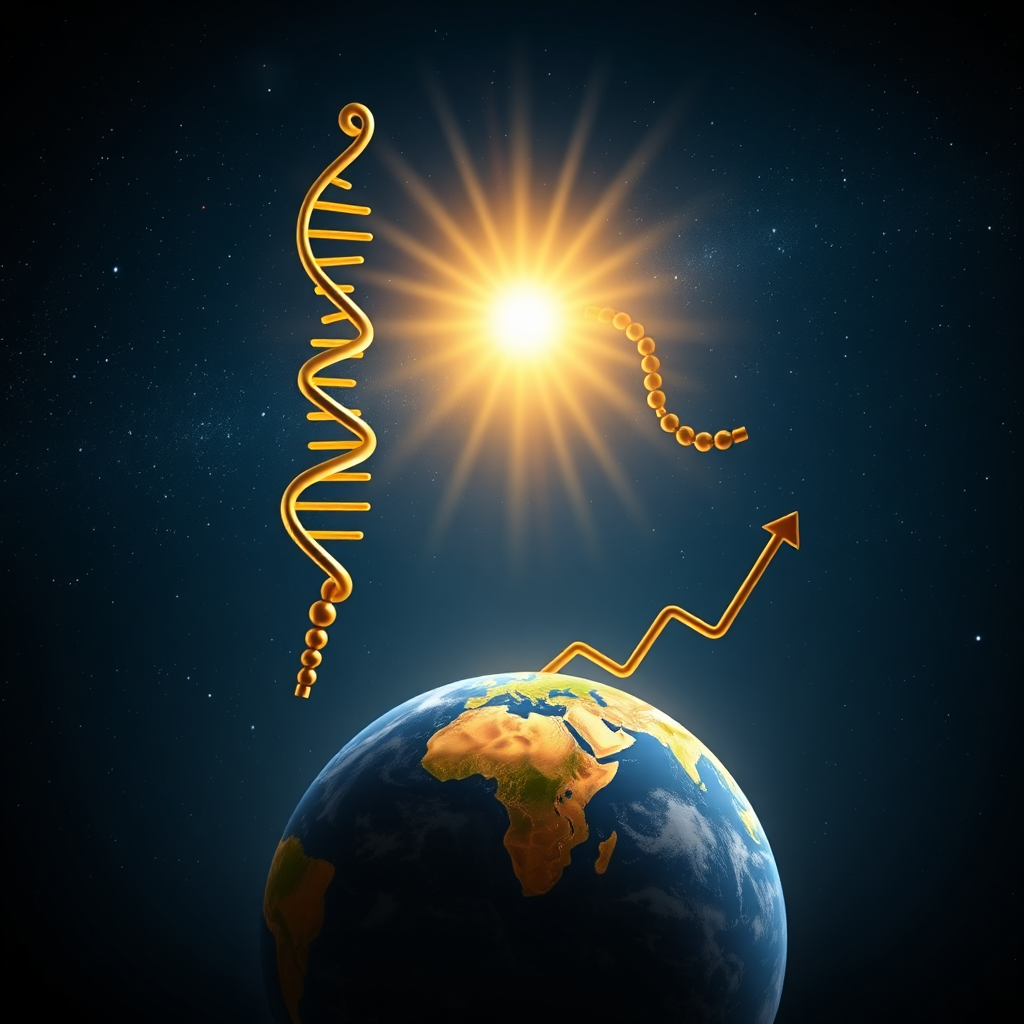 A stylized representation of three interwoven strands – a DNA helix (science), a rosary (faith), and a graph trending upwards (finance) – converging into a single, radiant point of light above a miniature Earth. The background is a deep, starry sky. The lighting is dramatic, with the point of light casting a warm glow. The color palette is predominantly blue, gold, and white. Inspired by digital art and abstract representations of complex systems. 4k resolution.