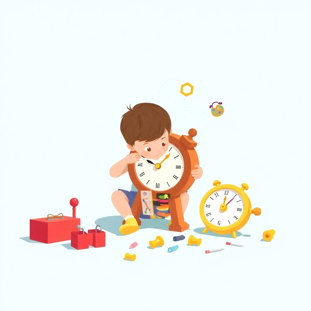 A stylized visual representing a child dismantling a traditional toy (e.g., a clock) and reassembling it into something new and inventive. Use a bright, colorful aesthetic to convey innovation.