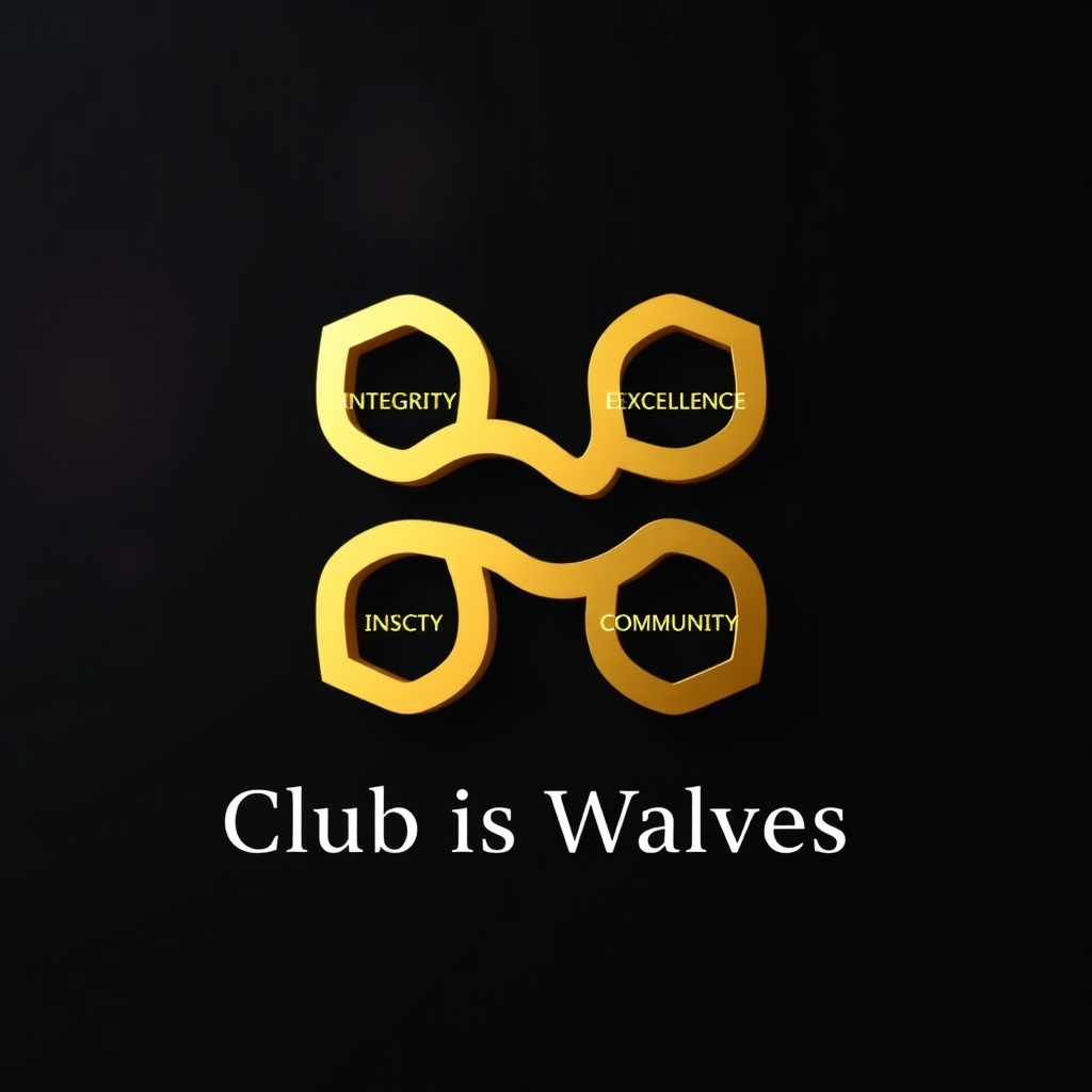 A symbolic representation of the club's values. Four interconnected abstract shapes made of gold, each representing integrity, excellence, innovation, and community. They are set against a dark, elegant backdrop with subtle lighting. The shapes should appear strong, balanced, and harmonious, conveying the club's commitment to its principles.