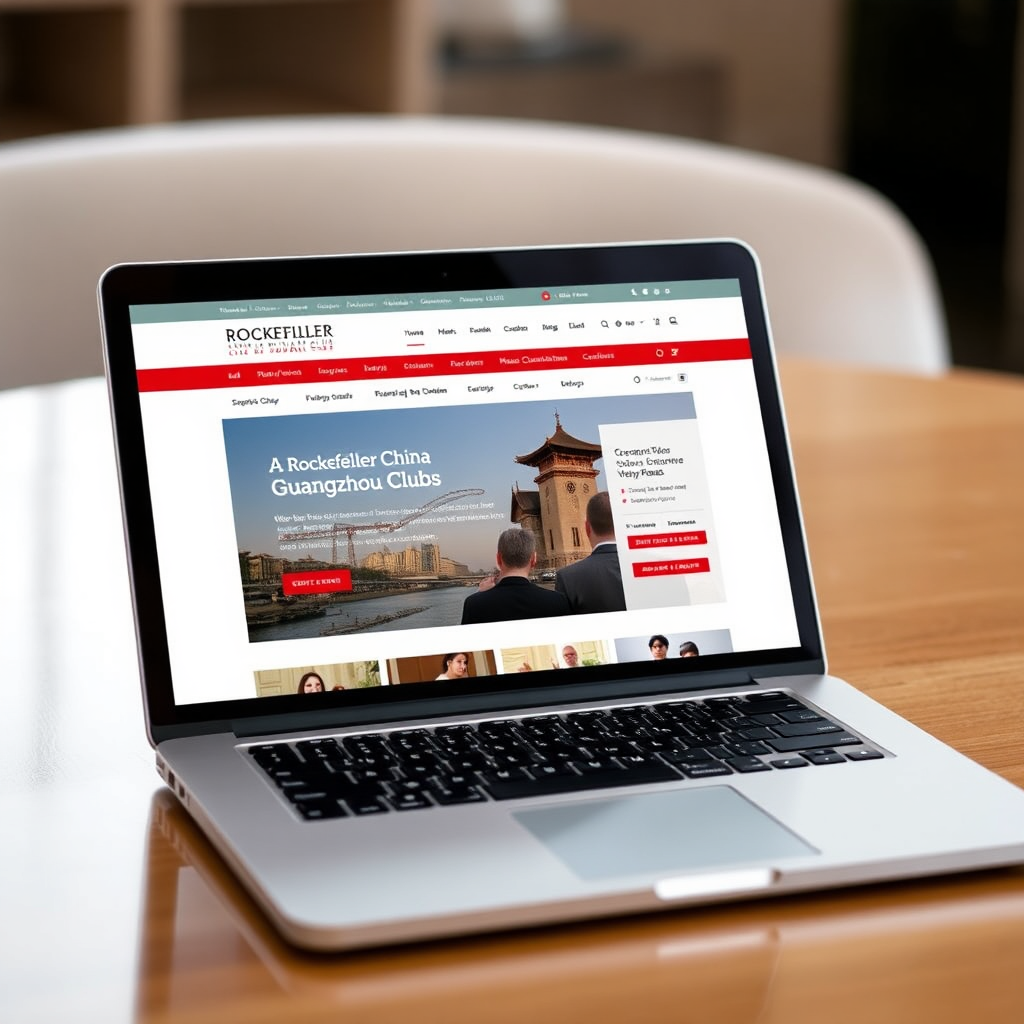 A visually appealing image of a laptop or tablet displaying the Rockefeller China Guangzhou Club's website. The website should be showcased in a clear and engaging manner. The overall effect should be informative and encourage viewers to visit the website for more information.