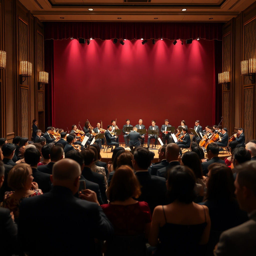 A wide shot capturing a live classical music performance at the Rockefeller China Guangzhou Club. A full orchestra is performing on stage, bathed in soft stage lighting. The audience is composed of elegantly dressed patrons, their faces displaying rapt attention and enjoyment. The setting is intimate and refined, reflecting a celebration of musical excellence.