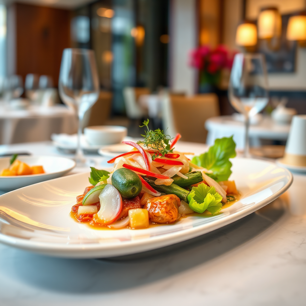 An artfully styled photograph of a beautifully plated dish at the Rockefeller China Guangzhou Club's restaurant. The dish is composed of fresh, high-quality ingredients and is presented with impeccable attention to detail. The background features a sophisticated dining setting. The image evokes a sense of culinary excellence and luxury.