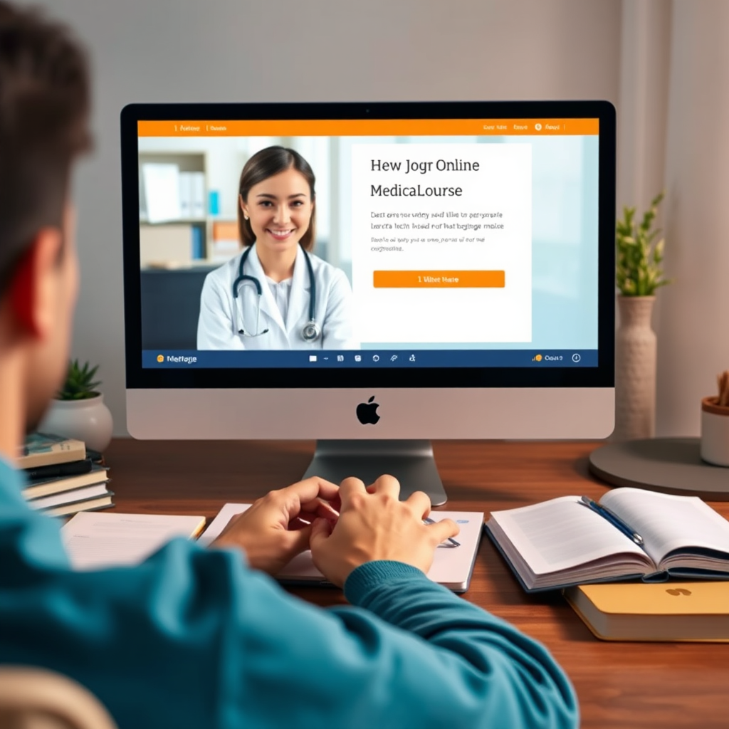 An image depicting a person learning from a computer screen displaying an online medical course. The scene should emphasize a modern and comfortable learning environment, with books and notes scattered around. The color palette should be warm and inviting, using soft blues and greens to create a calming atmosphere.