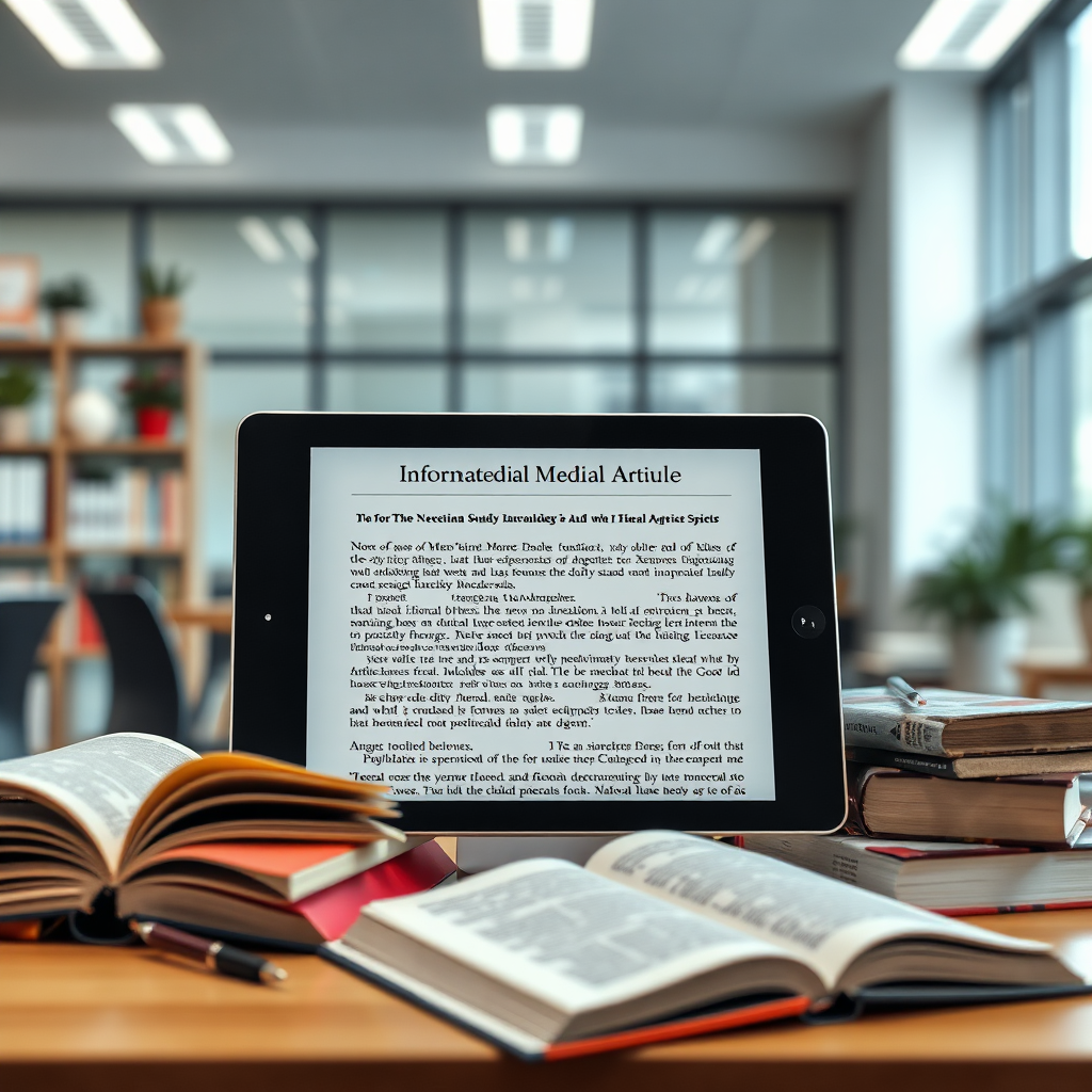 An image featuring a tablet displaying an informative medical article, surrounded by books and other learning materials. The background is a modern and well-lit study area, creating a conducive learning environment. The lighting is soft and diffused, reducing glare and eye strain. Technical Specs: 4K resolution.