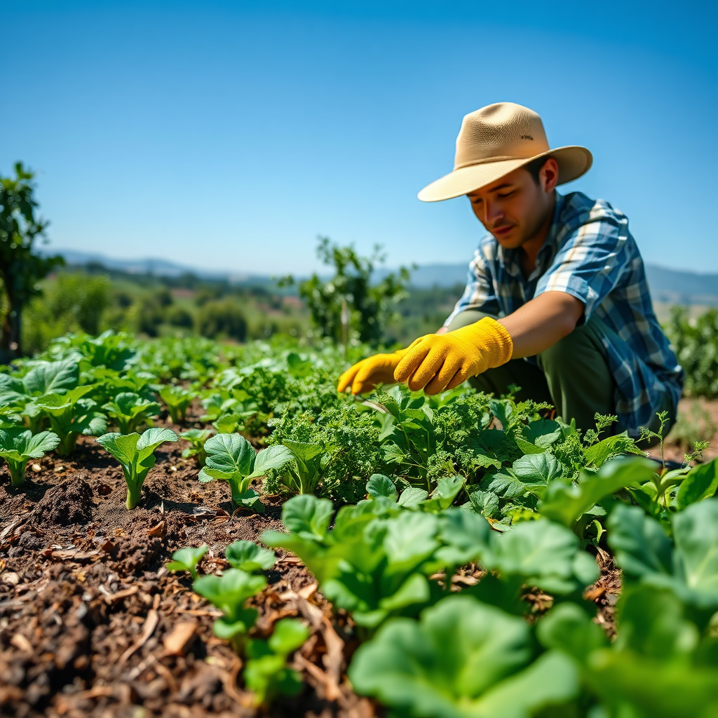 An image showcasing a person tending to a small organic garden, surrounded by lush vegetation and healthy crops. The person is wearing gardening gloves and a hat, demonstrating a hands-on approach to sustainable living. The background features a clear blue sky and a distant landscape, conveying a sense of connection to nature. The color palette is vibrant and earthy, using a mix of greens, browns, and blues. Lighting is bright and sunny, highlighting the freshness and vitality of the garden. The camera angle is slightly low, emphasizing the abundance and beauty of the natural environment. Technical Specs: 4K resolution, high-quality rendering.