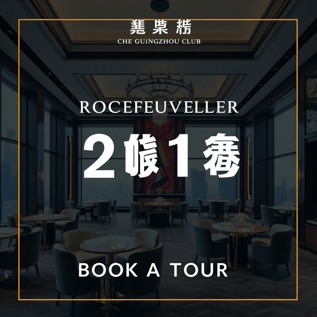 An image showcasing the luxurious interior of the Rockefeller China Guangzhou Club, with an invitation to schedule a visit. The image should highlight the club's elegant design and sophisticated atmosphere. The invitation should be clear and encourage viewers to book a tour.