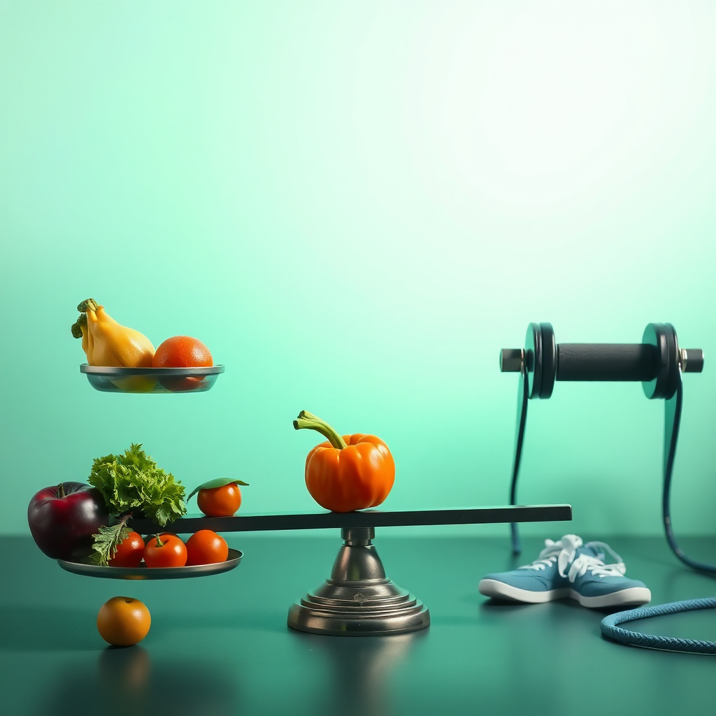An image showing a balanced scale with fruits and vegetables on one side and exercise equipment on the other. The background should be a soft gradient of greens and blues, representing health and serenity. The lighting is soft and diffused, creating a calming atmosphere. Technical Specs: 4K resolution.