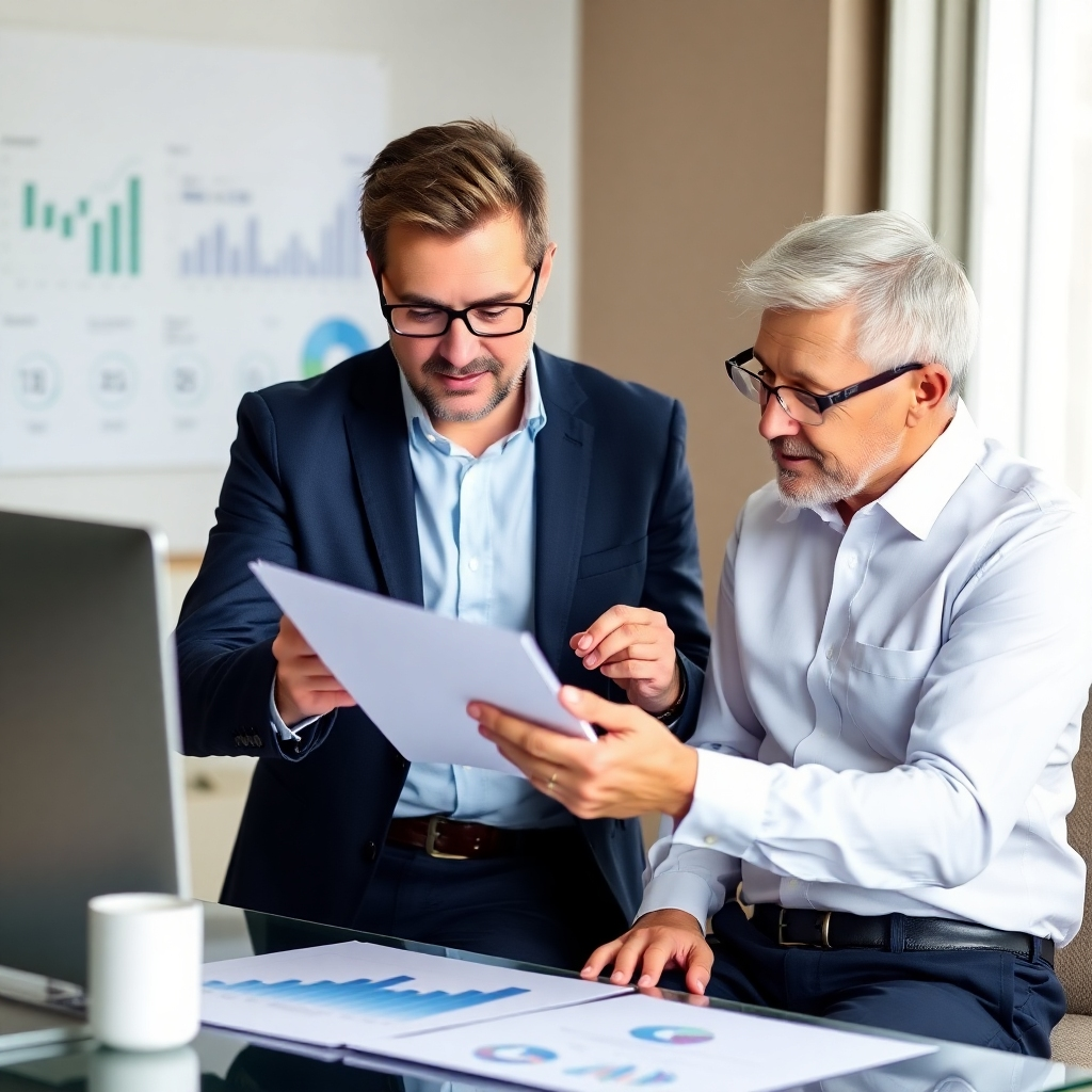 An image showing a consultant explaining investment options to a client. They are reviewing charts and graphs together, symbolizing personalized financial planning.