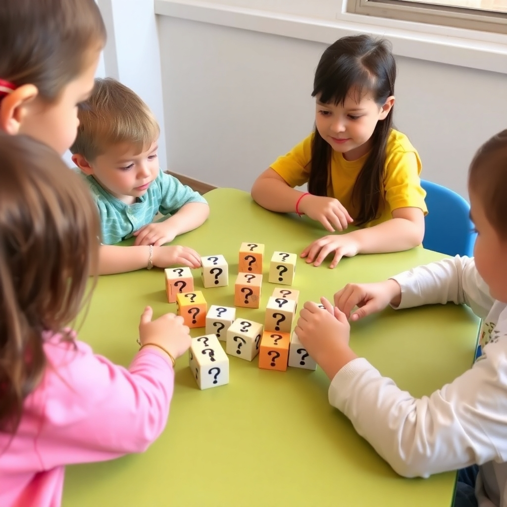 Children play a game on a table. Blocks with question marks on them, as they work as a team to solve the problem.