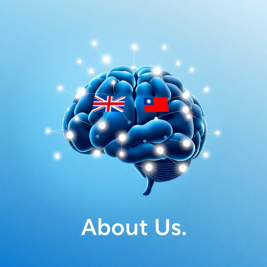 Create a 4K resolution, high-quality image for the 'About Us' section. The image should feature a stylized representation of a brain with interconnected nodes representing different subjects like mathematics, physics, chemistry, and computer science. These nodes should be glowing and radiating outwards, symbolizing the expansion of knowledge and cognitive abilities. Overlay subtle outlines of the Australian, American, Canadian, and Taiwanese flags on the brain to represent the target demographic. The background should be a clean, modern design with a gradient of blue and white, conveying a sense of trust and reliability. The lighting should be soft and even, highlighting the interconnectedness of the nodes. Consider a visual style that blends realism with abstract elements, conveying both the scientific rigor and creative potential of learning. Relevant props include subtle icons of books, computers, and scientific instruments.