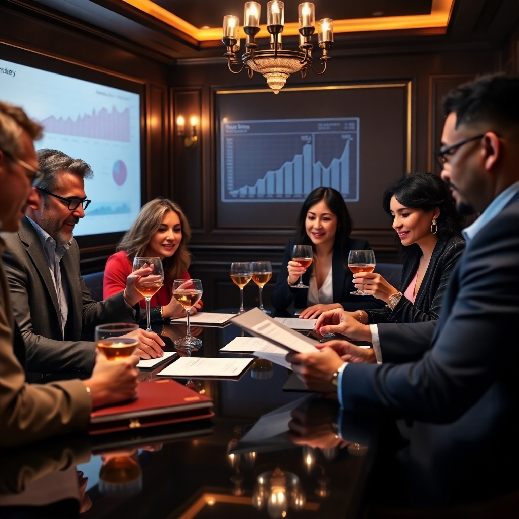 Create a photorealistic 4K image for the 'About Us' section of MorganStanleyi invest club. The image shows a group of diverse, successful investors gathered around a table in a luxurious, private club setting. They are reviewing investment reports while enjoying cocktails. The lighting is soft and focused, highlighting the documents and the engaged expressions of the participants. Incorporate elements like financial charts projected onto a wall, leather-bound notebooks, and high-end glassware. The composition should convey a sense of collaboration, trust, and exclusivity. Aim for a color palette of rich blues, golds, and deep reds to evoke sophistication and wealth. Use a slightly elevated camera angle to showcase the entire group. Style references include images of high-powered business meetings and exclusive social gatherings. The overall impression should be one of intelligence, camaraderie, and sophisticated opportunity.
