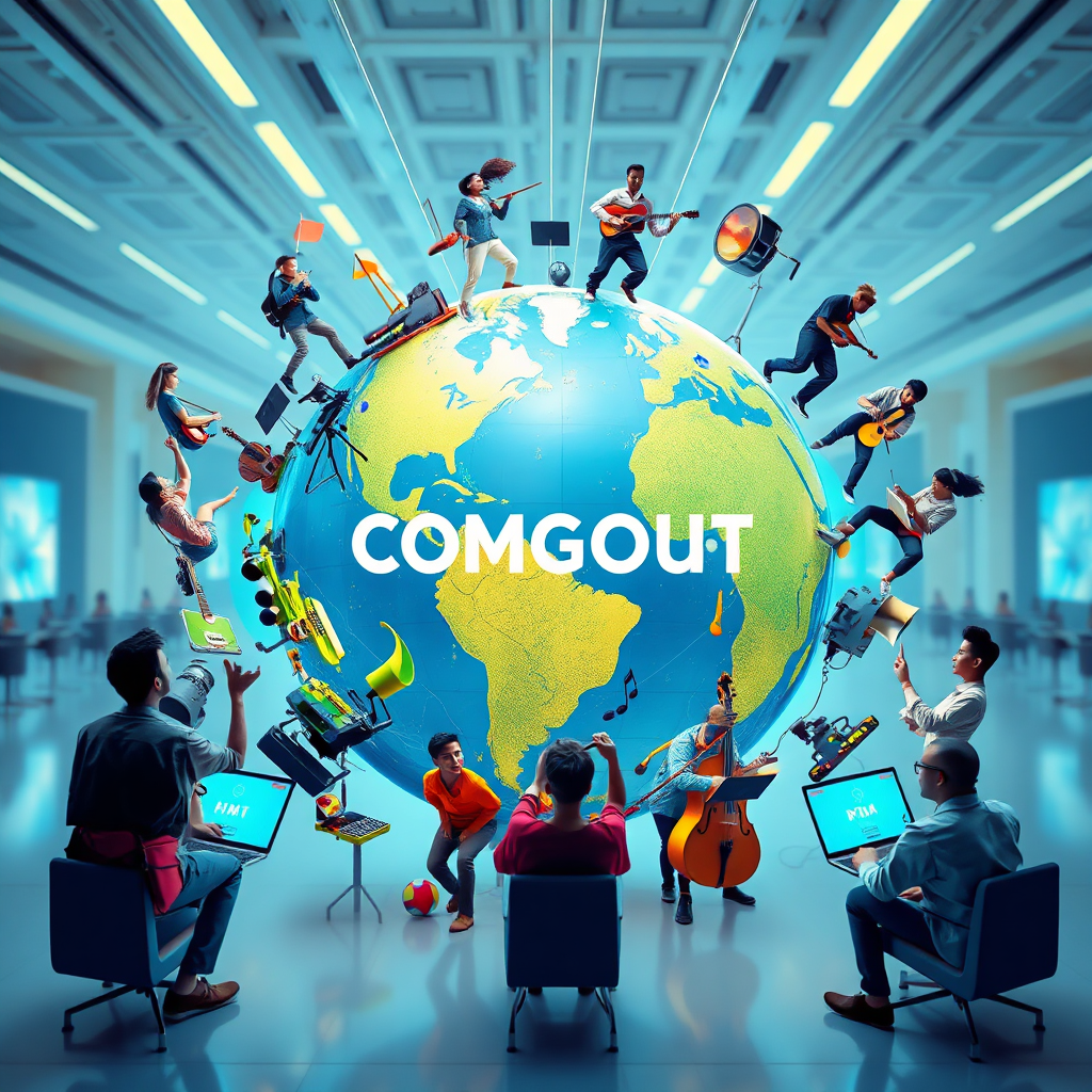 Create a photorealistic 4K image representing HANGOUT COMPOSER. The scene features a stylized globe composed of musical instruments, film equipment, and paintbrushes. Around the globe, diverse artists are depicted collaborating through digital interfaces, with lines of light connecting them. The color palette is vibrant and uplifting, with blues, greens, and yellows dominating. The lighting is soft and diffused, creating a sense of unity and harmony. The camera angle is a medium shot, focusing on the globe and the surrounding artists. The environment is a bright, open space with a futuristic feel. Focus on the textures of the instruments, the sleekness of the technology, and the diverse expressions of the artists. Style reference: Modern, collaborative, global. High quality rendering is important to show the high standards of the platform.