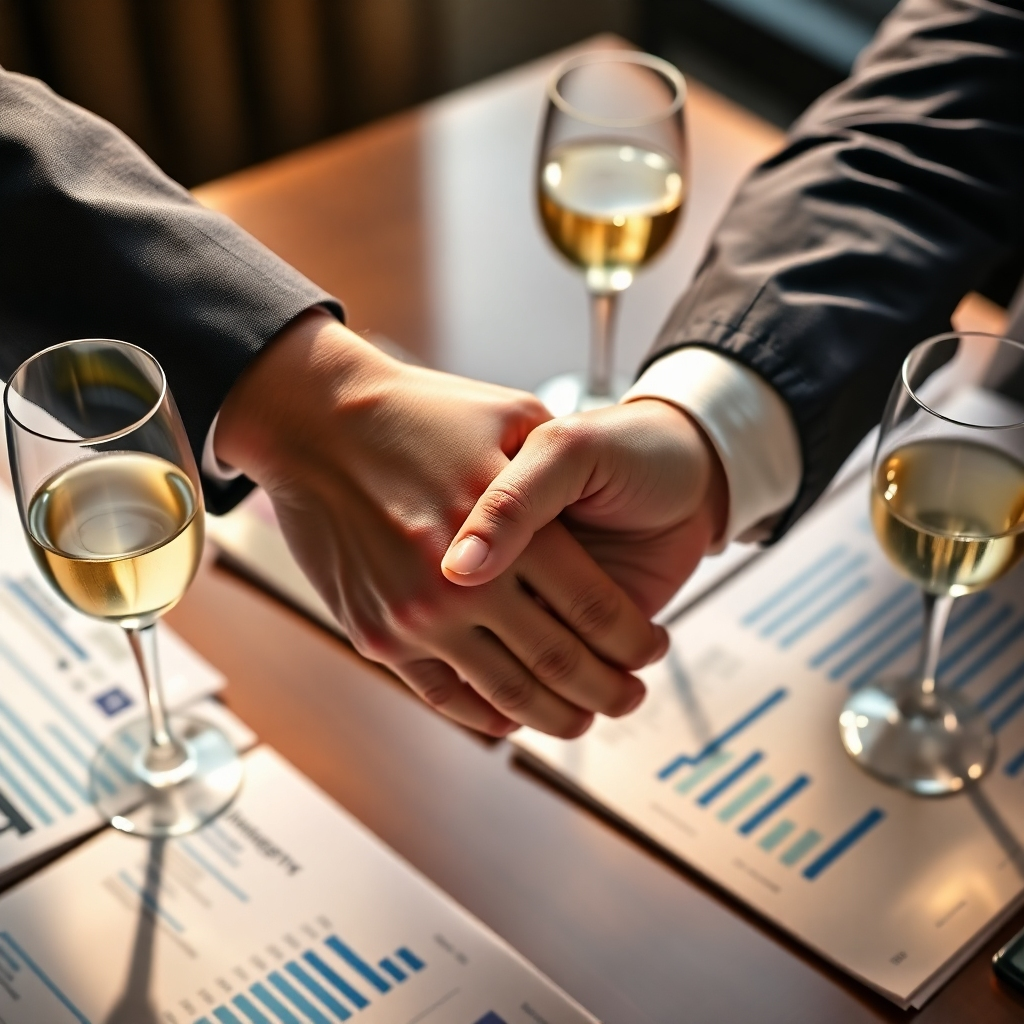 Create a photorealistic close-up shot of two hands shaking over a table laden with investment reports and glasses of champagne. The lighting is warm and inviting, emphasizing the connection and the potential for a successful deal.