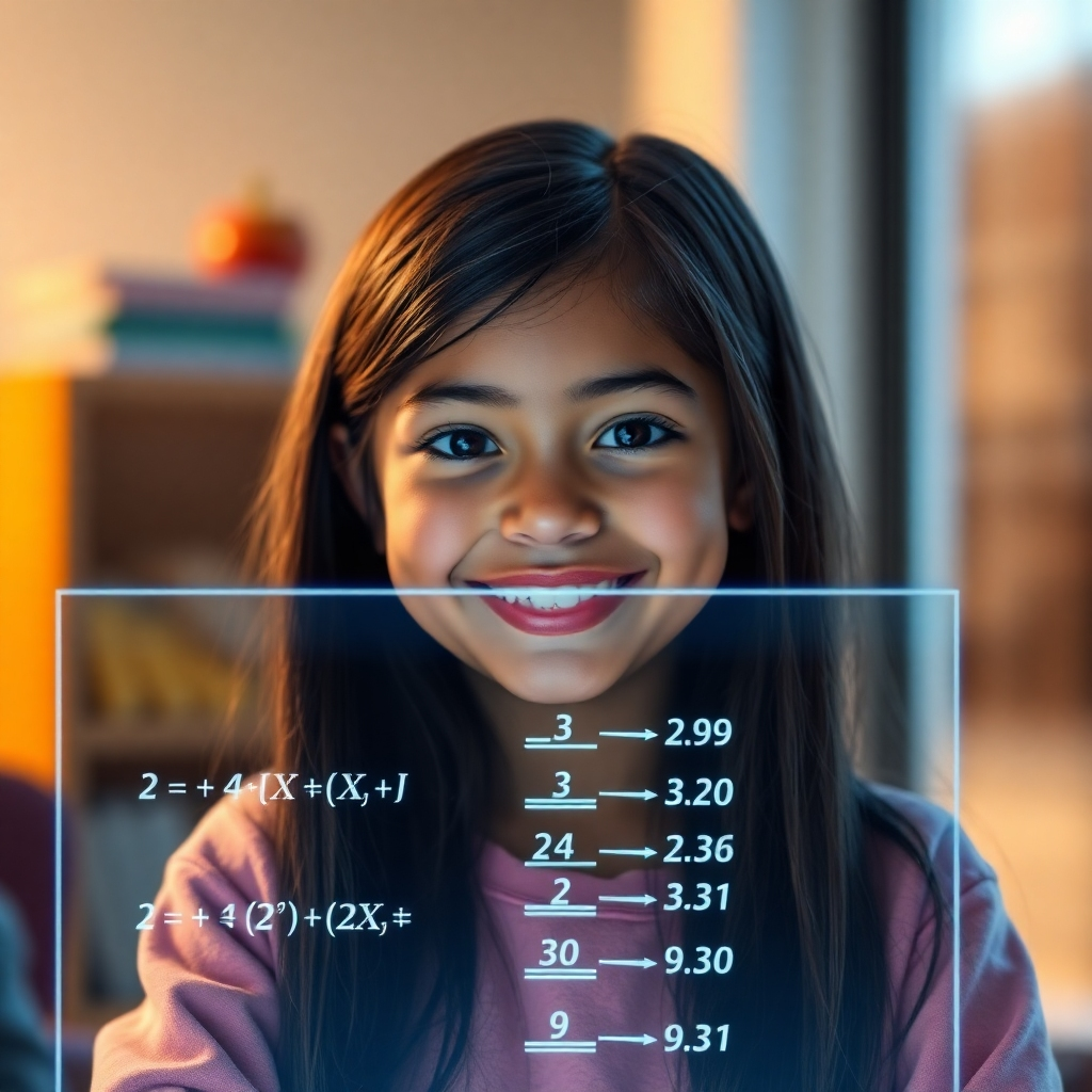Create a photorealistic image of a young student with a holographic display in front of them, showing complex equations. The student is smiling and appears engaged. Soft lighting and vibrant colors.