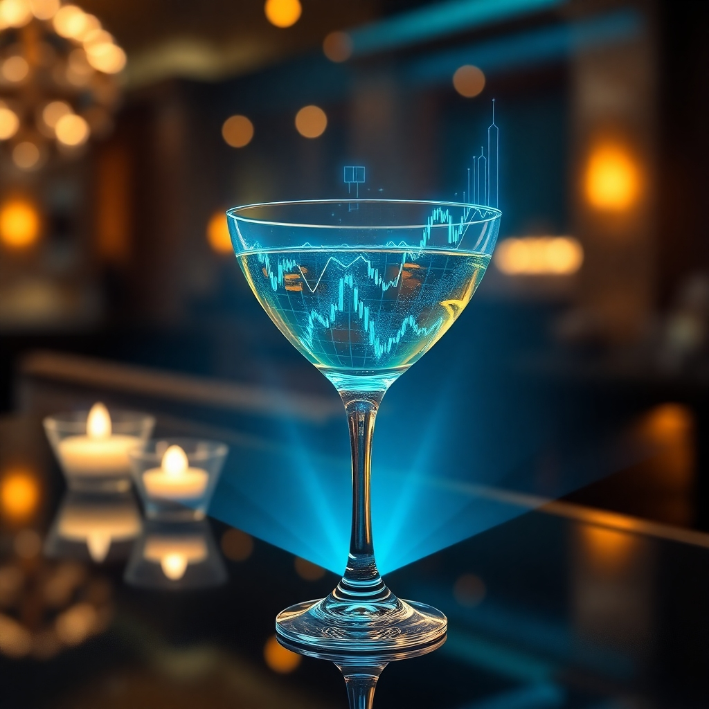 Create a photorealistic image showcasing a detailed, holographic projection of a complex financial graph overlaid onto a cocktail glass. The background is a blurred, upscale bar scene. The hologram glows with blues and greens. Focus on the intersection of high finance and sophisticated lifestyle.