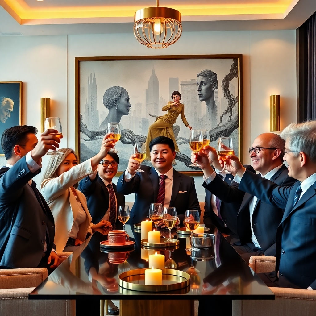 Create a photorealistic image of a group of sophisticated investors raising their glasses in a toast, surrounded by modern art and luxurious décor, symbolizing achievement and celebration.