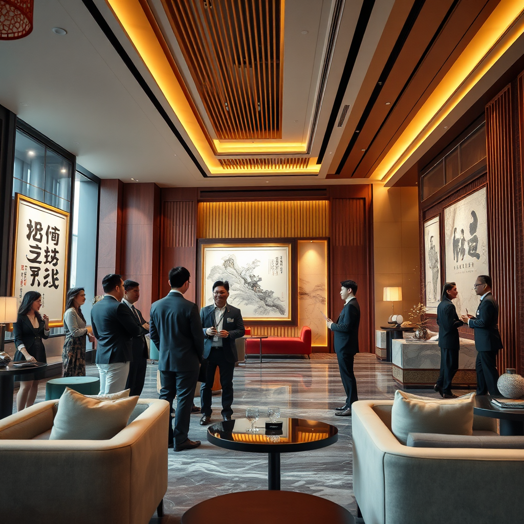 Create a photorealistic image depicting a modern, luxurious club interior in Guangzhou. The scene should feature a blend of traditional Chinese design elements and contemporary aesthetics, with warm lighting and a sophisticated color palette of gold, deep reds, and subtle blues. In the foreground, show a group of well-dressed professionals engaged in a lively discussion, while in the background, a curated art exhibition is taking place. The camera angle should be slightly low, capturing the grandeur of the space and emphasizing the club's atmosphere of exclusivity and collaboration. Include subtle details like calligraphy artwork, elegant furniture, and tasteful decor. The overall image should convey a sense of prestige, innovation, and cultural richness. Render in 4K resolution with high-quality textures and realistic lighting effects.