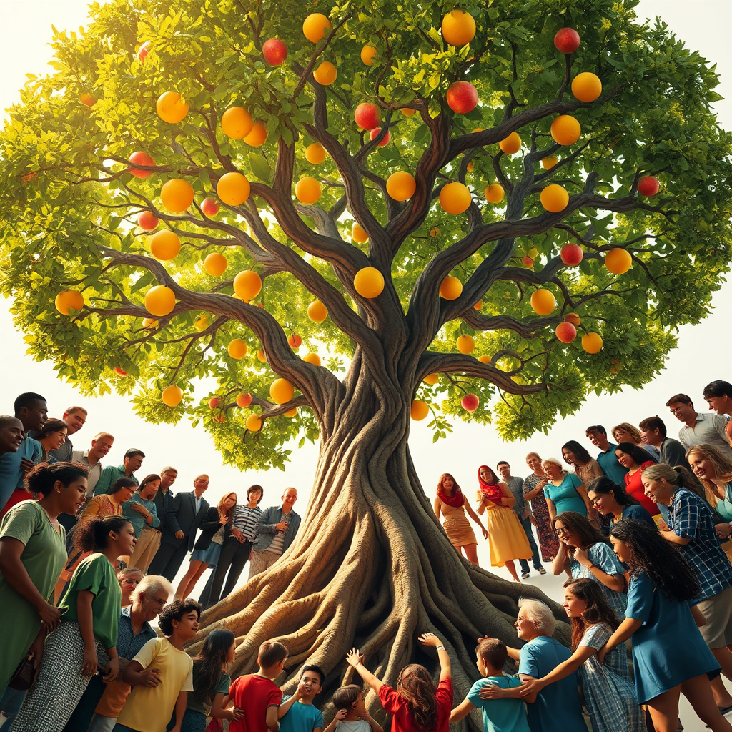 Create a photorealistic, stylized image of a tree with roots extending deep into the earth (representing truth) and branches reaching towards the sky (representing beauty). The tree bears fruit symbolizing acts of goodness. Surround the tree with diverse people from different cultures, ages, and backgrounds, all united in a circle. The lighting is soft and golden, creating a sense of warmth and community. The color palette is vibrant and uplifting, with greens, blues, and golds dominating. Camera angle: eye-level, emphasizing connection and unity. Textures: detailed bark, leaves, and clothing. Style reference: a blend of realism and symbolism. Technical specs: 4K resolution, high quality.