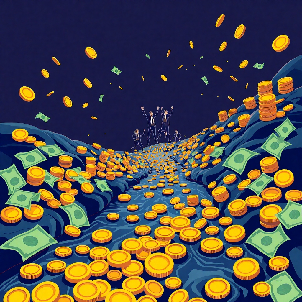 Create a stylized illustration representing a flowing river of coins and banknotes leading towards a group of investors celebrating. The image conveys the idea of abundant capital and prosperous ventures.
