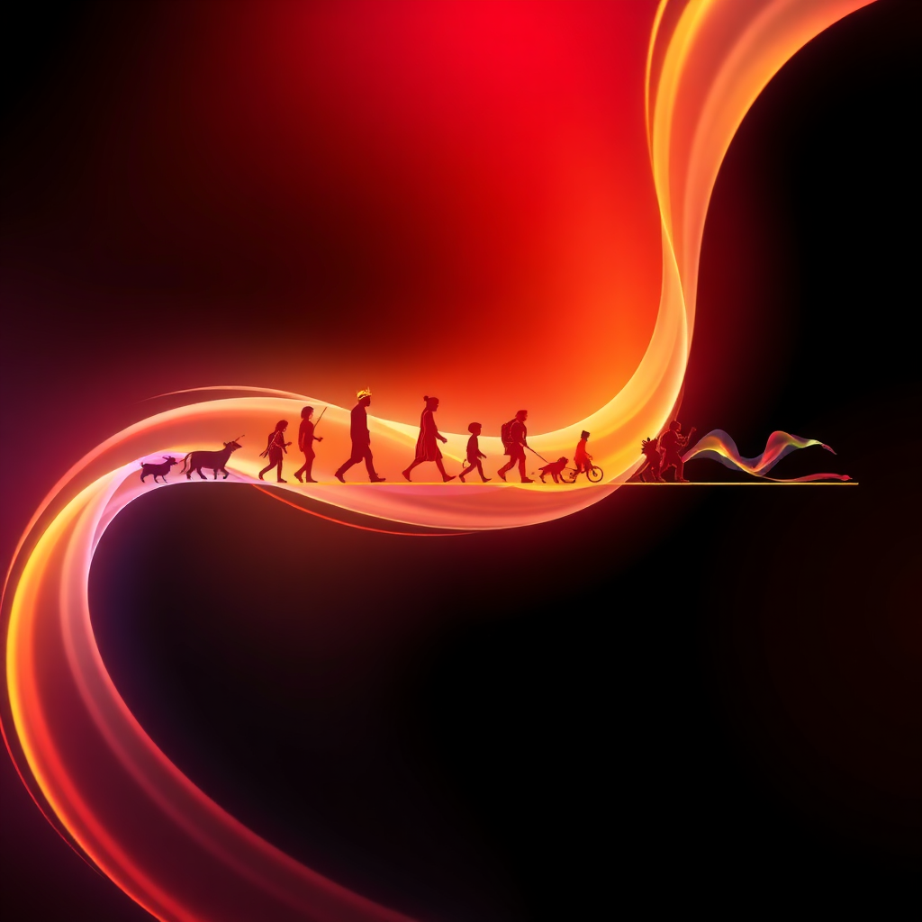 Create a stylized image depicting a timeline of artistic evolution, starting with traditional forms of art and progressing to modern digital art. The timeline is represented by a flowing ribbon of light, with different artistic styles showcased along the way. The color palette is vibrant and dynamic, with a mix of warm and cool tones. The lighting is dramatic, highlighting the evolution of art. The camera angle is a wide shot, showing the entire timeline. The textures should be smooth and polished, giving the image a modern and sophisticated feel. Style: Abstract, dynamic, historical. Resolution: High quality, 4K.