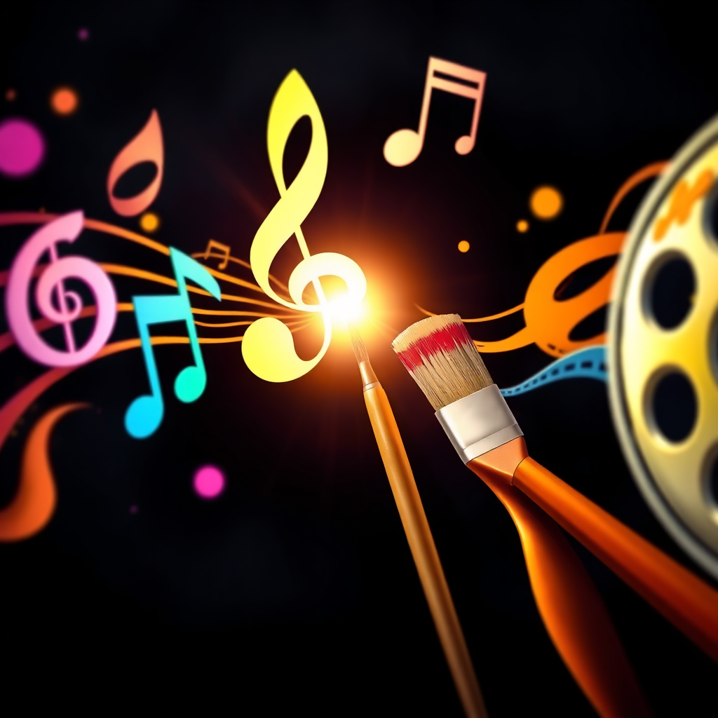 Create a stylized image of musical notes, film reels, and paintbrushes converging into a central point of light. This light symbolizes the harmonization of creativity. The background is a dark, abstract space. The color palette is vibrant and energetic, with contrasting colors highlighting the different artistic elements. The lighting is dramatic, with the point of light casting strong shadows. The camera angle is a close-up, focusing on the convergence of the elements. The textures should be smooth and polished, giving the image a modern and sophisticated feel. Style: Abstract, dynamic, creative. Resolution: High quality.