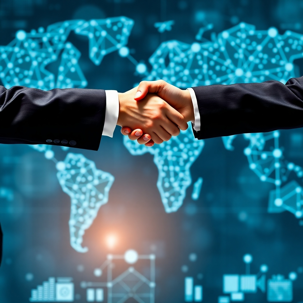 Create an image of two people in business suits shaking hands decisively in front of a display of interconnected global networks, symbolizing a strategic partnership being formed.