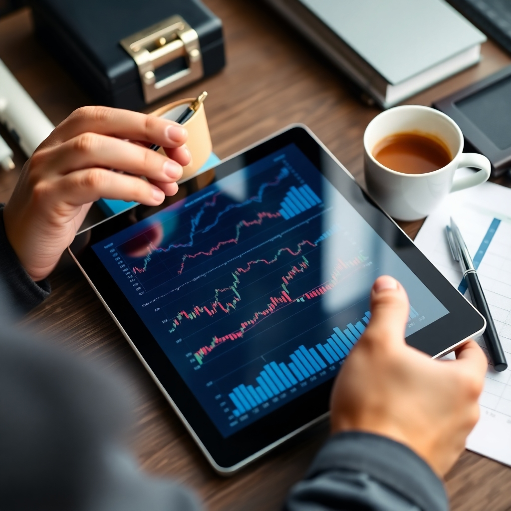 Create an image showing a tablet displaying financial charts and graphs, surrounded by elegant office supplies and a cup of coffee. The tablet's screen reflects the face of an investor carefully analysing the data.