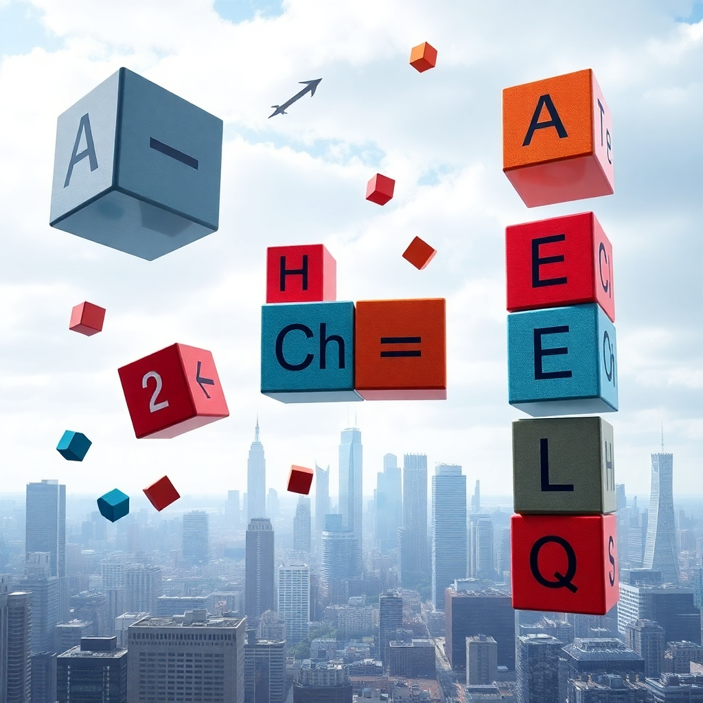 Create an image that shows building blocks with math symbols, chemistry elements and physics equations floating and assembling themselves. In the distance a city scape with high tech, high rise buildings.