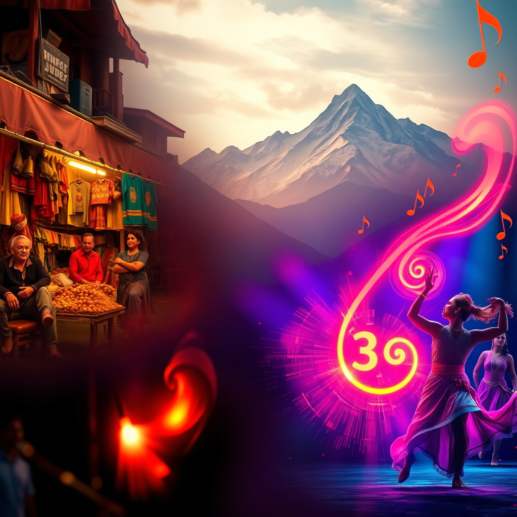 Depict a montage of scenes from diverse music videos – a bustling street market in India, a serene mountain landscape in Tibet, a vibrant dance performance in Brazil – all interwoven with abstract visual representations of musical notes and rhythms. Use a dynamic color palette and dramatic lighting. Capture the energy and vibrancy of each scene. 4K resolution, stylized and artistic.