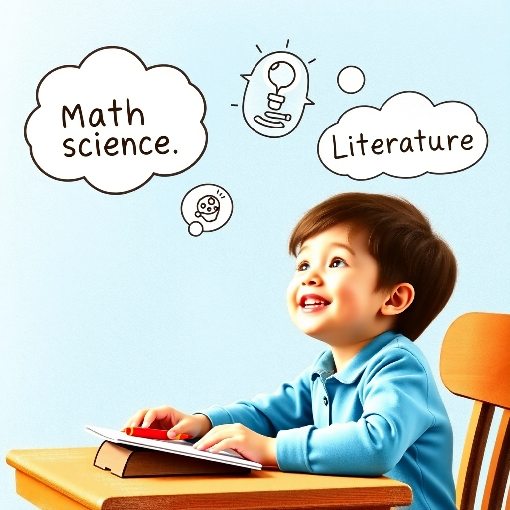 Image showing a child at a desk, daydreaming. A speech bubble showing different concepts coming to life like math, science and literature. The child is smiling with excitement.