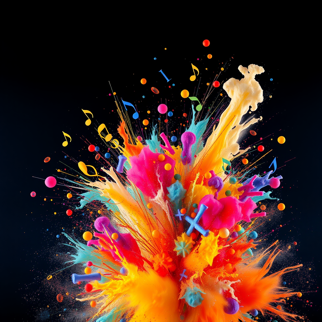 Imagine a blank canvas exploding with vibrant colors, musical notes, and abstract shapes, representing the boundless potential of artistic expression. The background is a dark, infinite space. The color palette is bold and contrasting, with a mix of warm and cool tones. The lighting is dynamic and dramatic, highlighting the explosion of creativity. The camera angle is a close-up, focusing on the details of the explosion. The textures should be smooth and polished, giving the image a modern and sophisticated feel. Style: Abstract, dynamic, creative. Resolution: High quality, 4K.