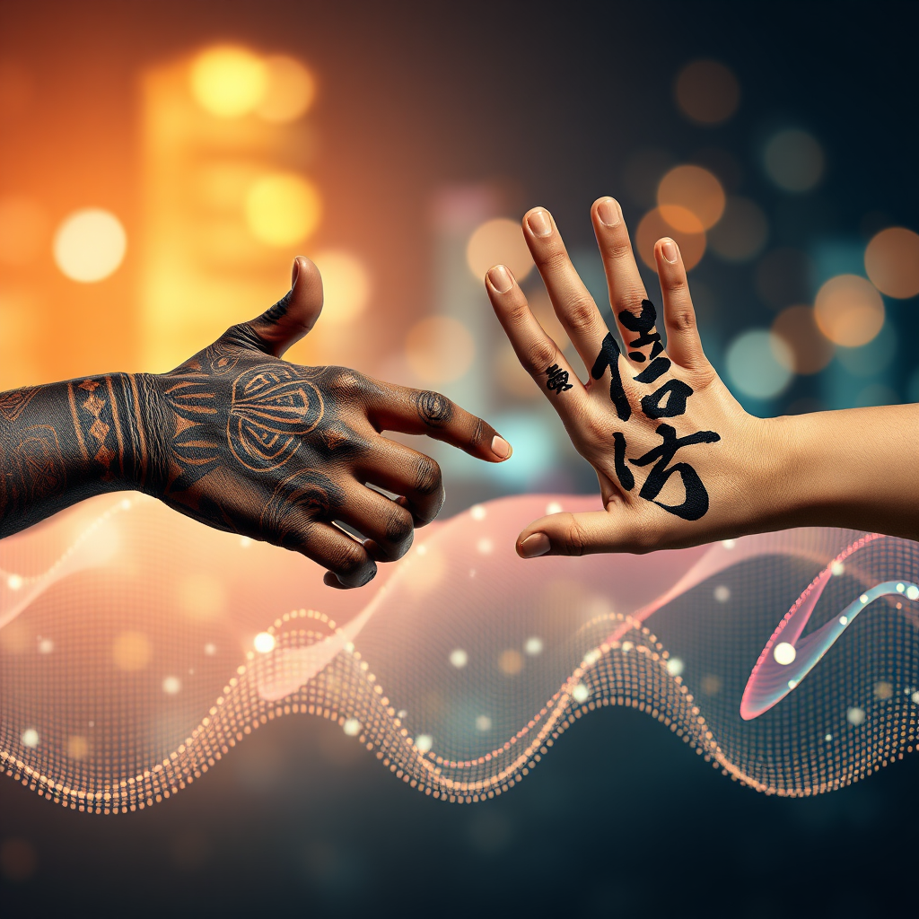 Imagine two hands, one adorned with traditional African tribal paint, the other with Japanese calligraphy, reaching out to touch each other over a shimmering, abstract sound wave. The background fades into a bokeh of vibrant city lights. Use warm, inviting lighting. Capture the intricate details of the paint and calligraphy. 4K resolution, photorealistic style.