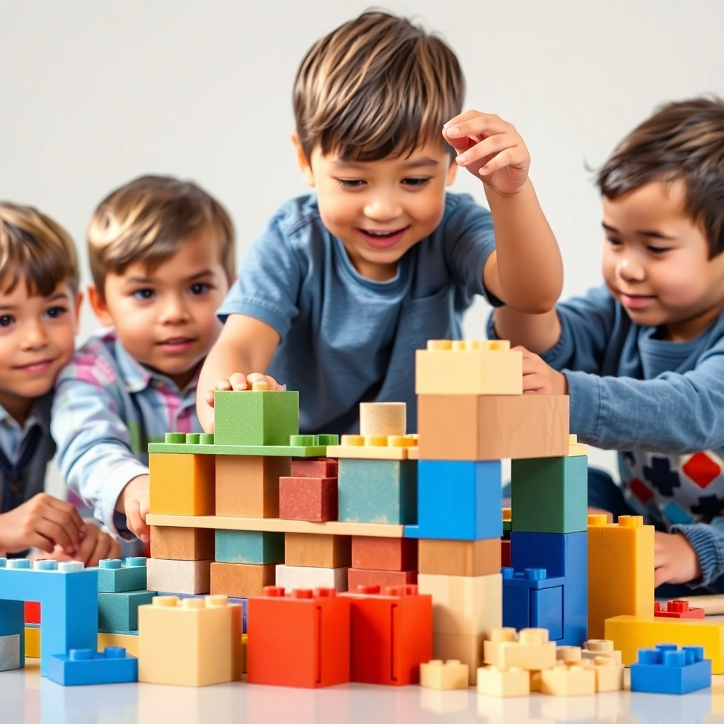 Photorealistic image showcasing children building a structure with blocks symbolizing math, science, and technology. Emphasize the foundational aspect through sturdy structures and bright lighting.