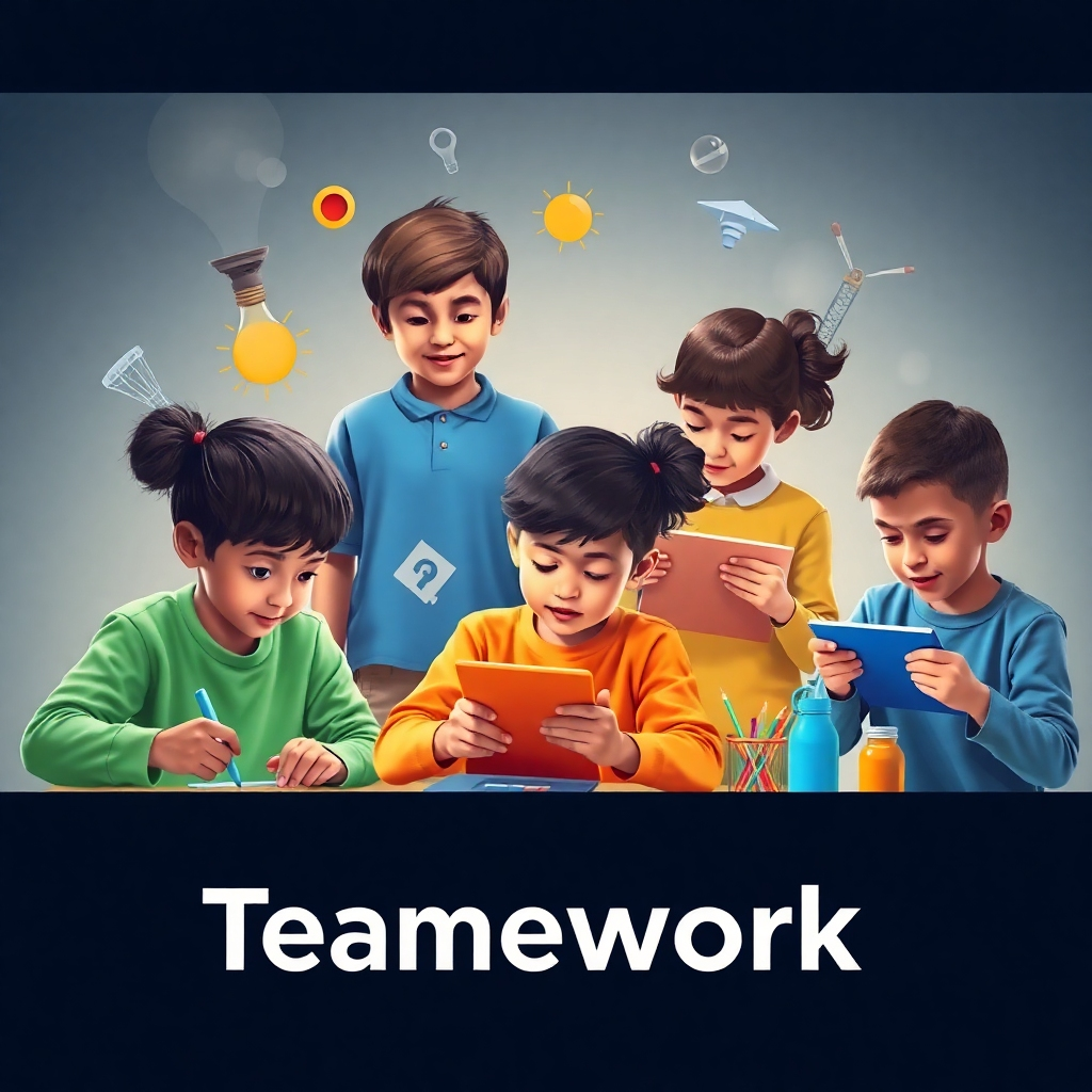 Photorealistic image showcasing children of diverse backgrounds working on individual projects, showcasing unique skillsets and abilities. Emphasize teamwork and innovation.