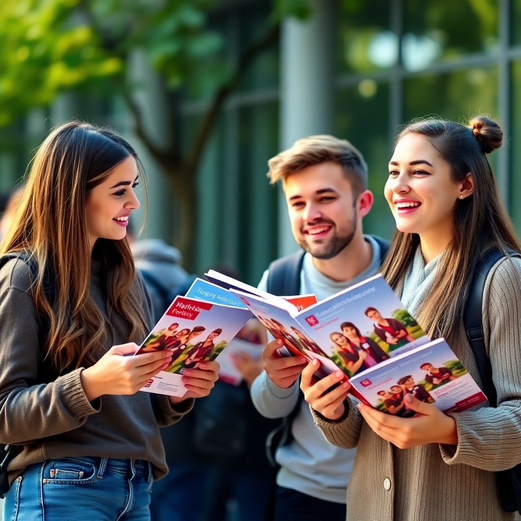 Students looking at university brochures, looking excitedly at their future.