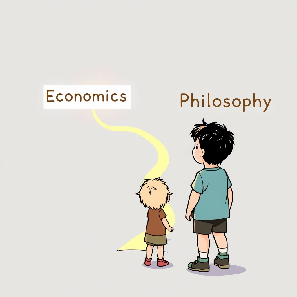 Stylized image featuring a child looking at a branching path, one labeled 'Economics' and the other 'Philosophy'. They are both glowing with possibilities, implying growth.