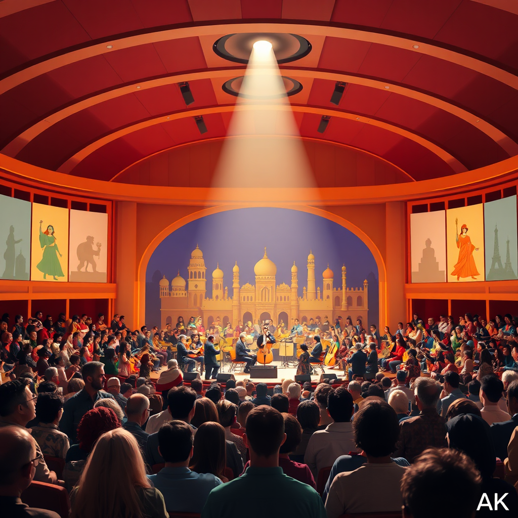 Visualize a grand amphitheater filled with people from all corners of the globe, illuminated by a single spotlight focused on a stage where musicians from various cultures are performing together, their instruments blending seamlessly. The background showcases stylized representations of different cultural landmarks. Use rich, warm colors and dynamic lighting. Capture the expressions of joy and unity on the faces in the audience. 4K resolution, high-quality rendering.