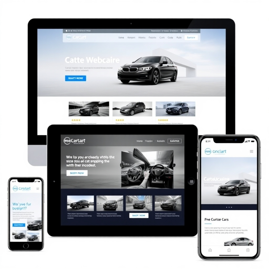 A car dealership website displayed on various devices (desktop, tablet, and mobile phone) showcasing its responsive design. The layout should adapt seamlessly to different screen sizes, providing a consistent user experience. Use modern, responsive web design principles.