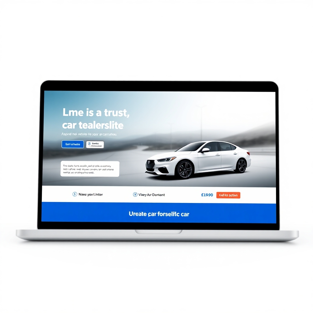 A clean, modern car dealership homepage design on a laptop screen. The layout features a prominent car image slider, clear navigation, and compelling calls-to-action. Use a blue and grey color scheme to convey trust and professionalism. The screen should be clear and easy to navigate.