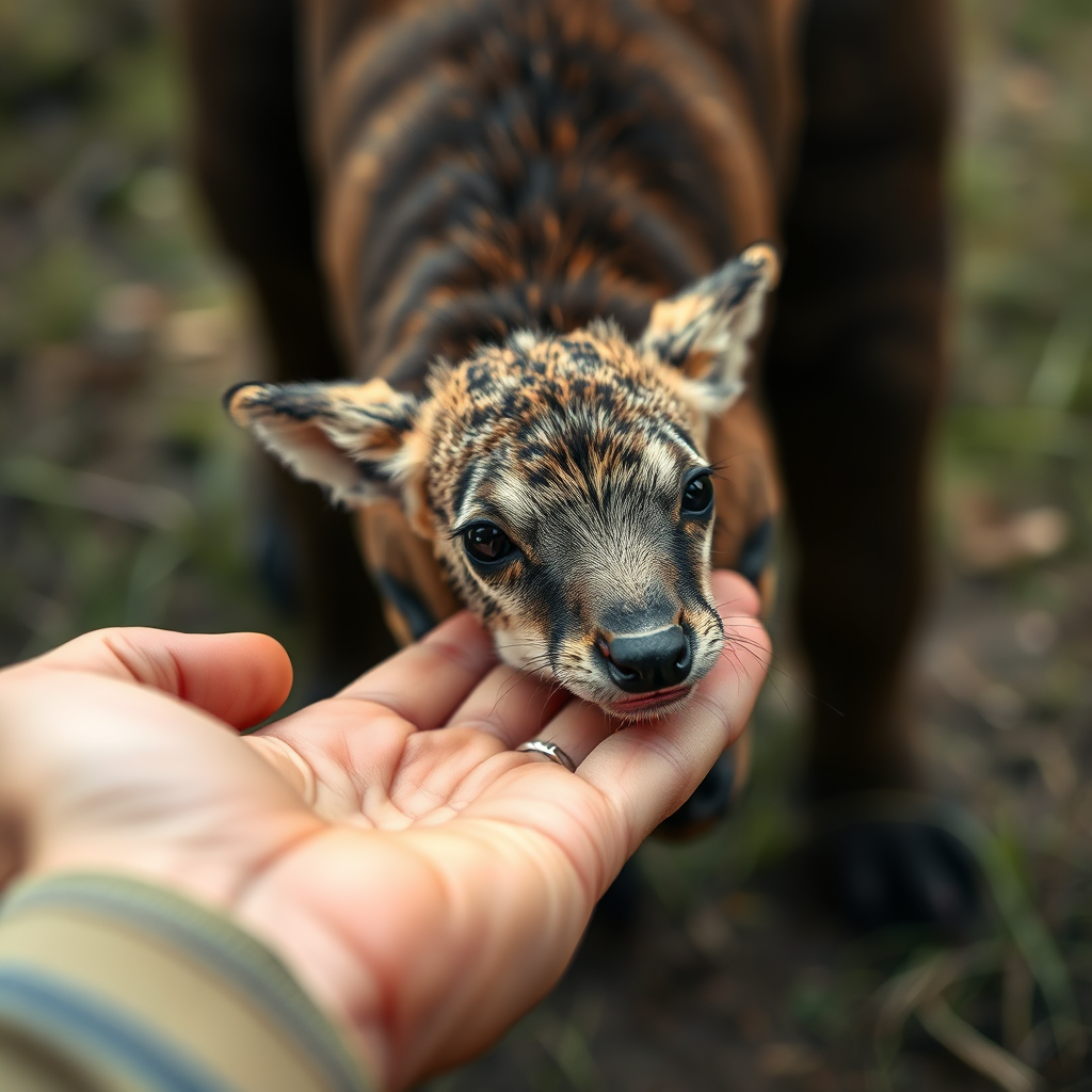 A close-up, photorealistic image of a hand gently releasing a tagged animal back into the wild. Focus on the connection between humans and wildlife and the importance of conservation. Soft, natural lighting and a shallow depth of field. 4K resolution, high detail.