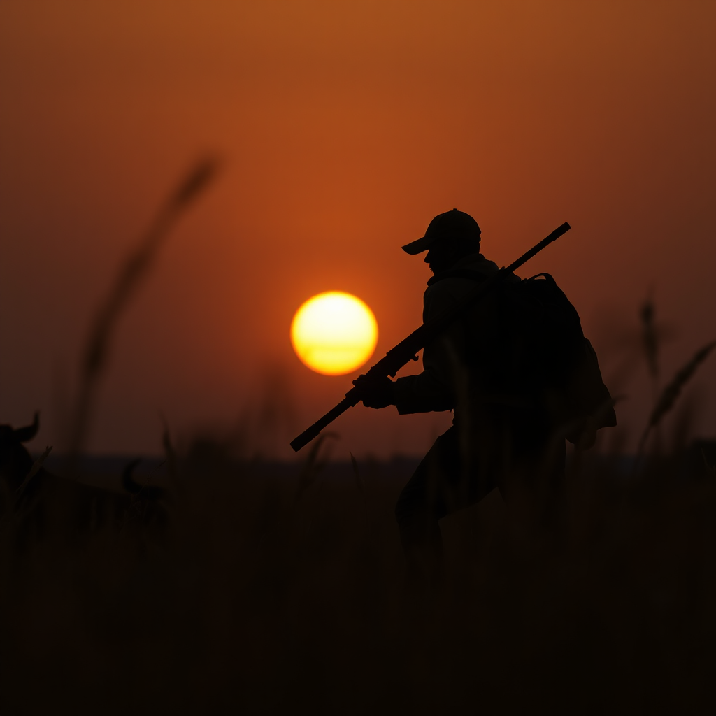 A low-angle, photorealistic shot of a hunter, silhouetted against the setting sun, tracking game through tall grass. Dust motes dance in the air, illuminated by the golden light. Focus on the intensity and focus in the hunter's posture and the raw beauty of the savanna landscape. 4K resolution, high detail.