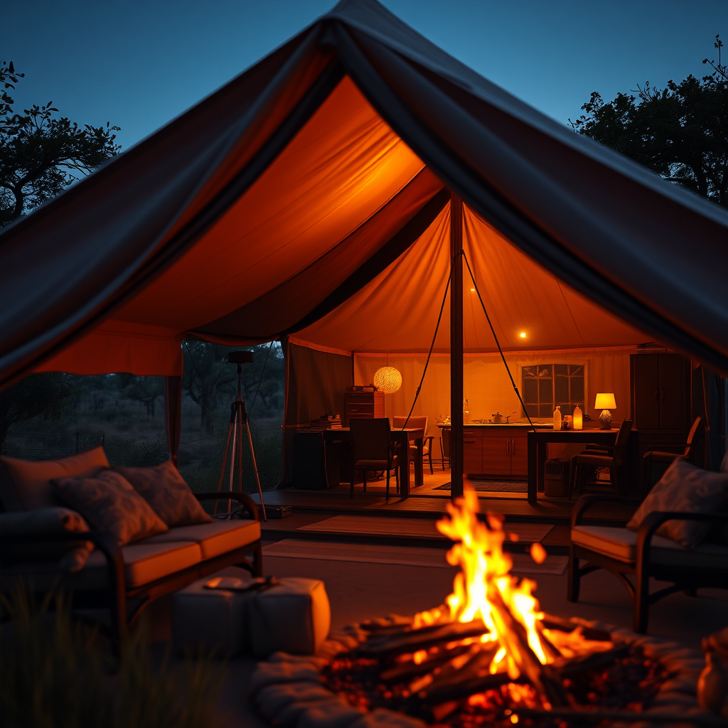A photorealistic image of a luxury safari tent at dusk. Warm light spills from the tent, illuminating the surrounding bush. A campfire crackles nearby, and the sounds of the African night fill the air. Focus on the comfort and ambiance of the safari camp. 4K resolution, high detail.
