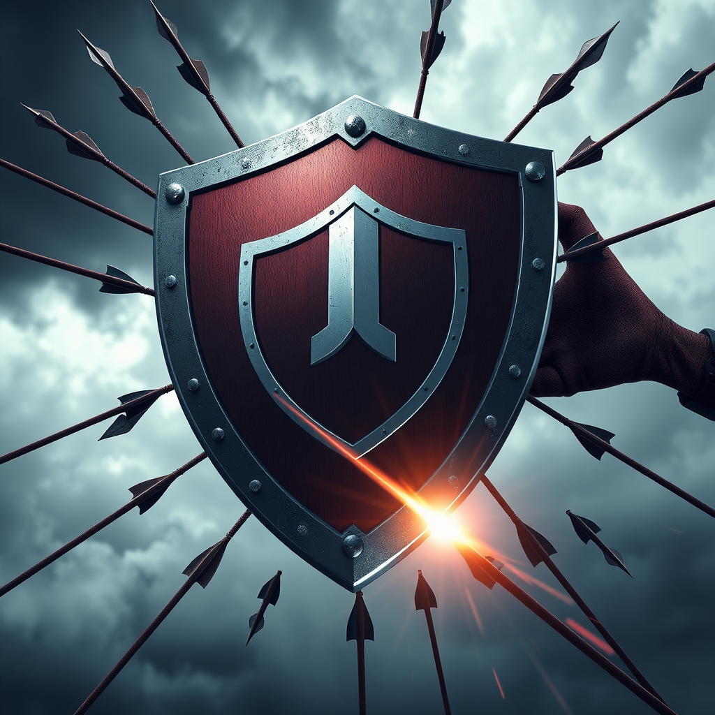 A photorealistic image of a shield deflecting a barrage of arrows. The shield is made of a sturdy, high-tech material and is emblazoned with the company logo. The background is a stormy sky with dark clouds. The lighting is dramatic and intense, emphasizing the protective power of the shield. 4K resolution, high quality.