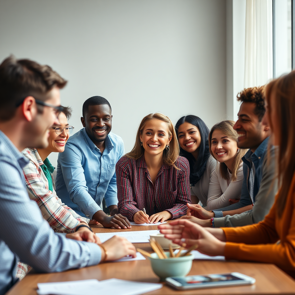 A photorealistic image showcasing a diverse group of people collaborating around a table, smiling and engaged in conversation. The atmosphere is warm and inviting, emphasizing the importance of teamwork and communication. The lighting is soft and natural, creating a sense of trust and connection. The color palette is balanced and harmonious, reflecting the diversity of the group. 4K resolution, high quality.