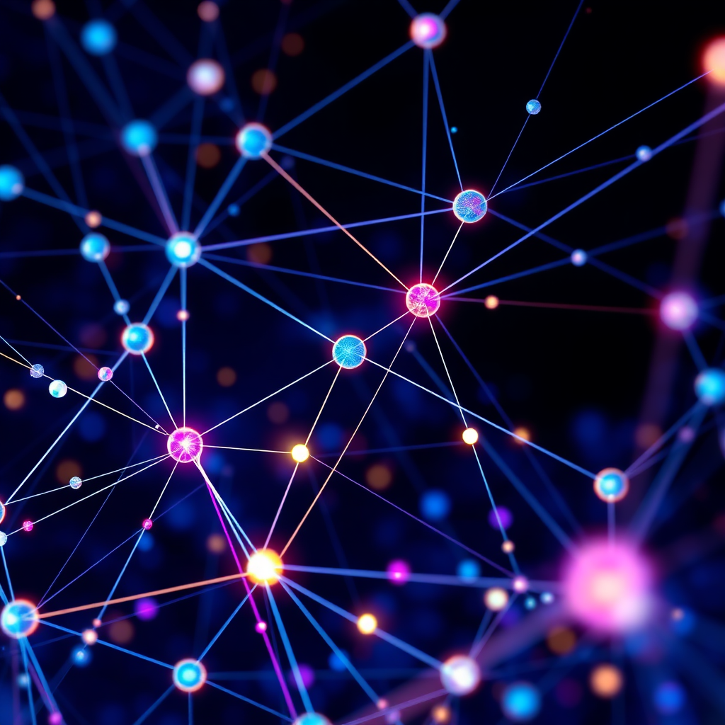 A stylized image of a complex data network, visualized as a web of interconnected nodes and pathways. The nodes are represented as glowing spheres, and the pathways are represented as streaks of light. The lighting is vibrant and dynamic, emphasizing the flow of information. The color palette is dominated by cool blues and purples, with subtle pops of warm yellow and orange. 4K resolution, high quality.