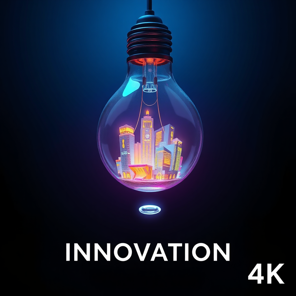 A stylized image representing the concept of innovation. The scene depicts a lightbulb filled with a miniature futuristic city. The lightbulb is suspended in mid-air against a dark background. The lighting is bright and vibrant, emanating from the city within the bulb. The color palette is dominated by cool blues and purples, with subtle pops of warm yellow and orange. 4K resolution, high quality.