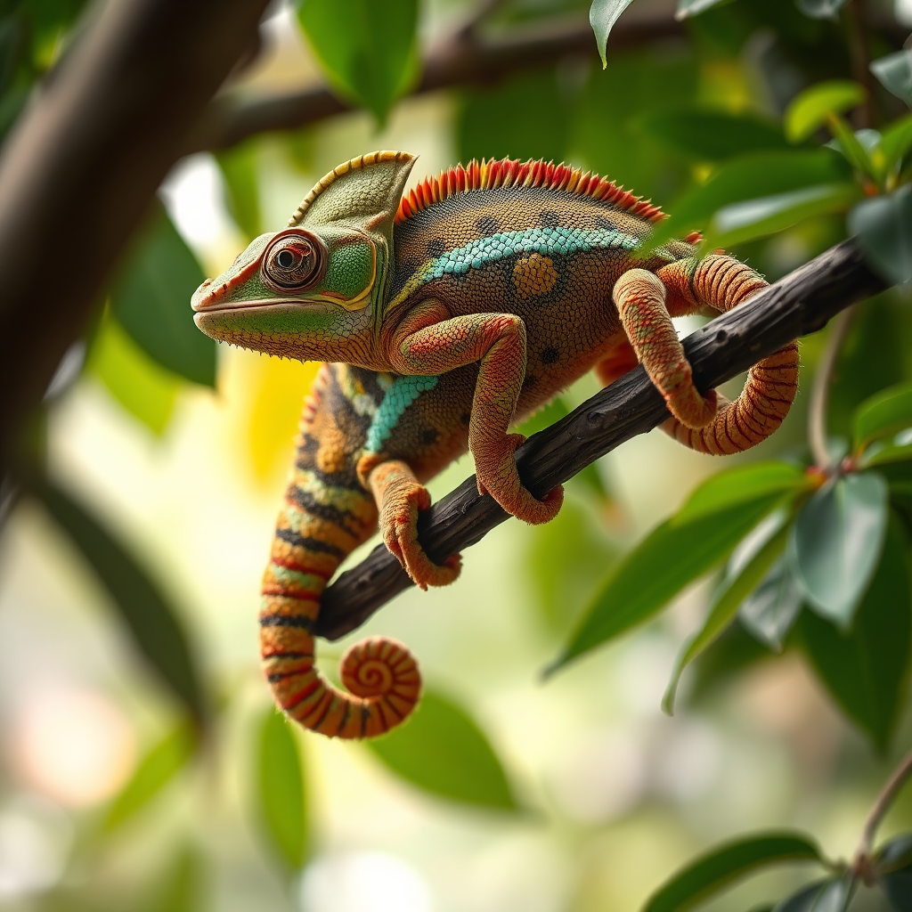 A stylized image showcasing a chameleon adapting to its environment. The chameleon is perched on a tree branch, seamlessly blending in with the surrounding foliage. The lighting is soft and natural, highlighting the chameleon's ability to change color. The color palette is vibrant and diverse, reflecting the chameleon's adaptability. 4K resolution, high quality.